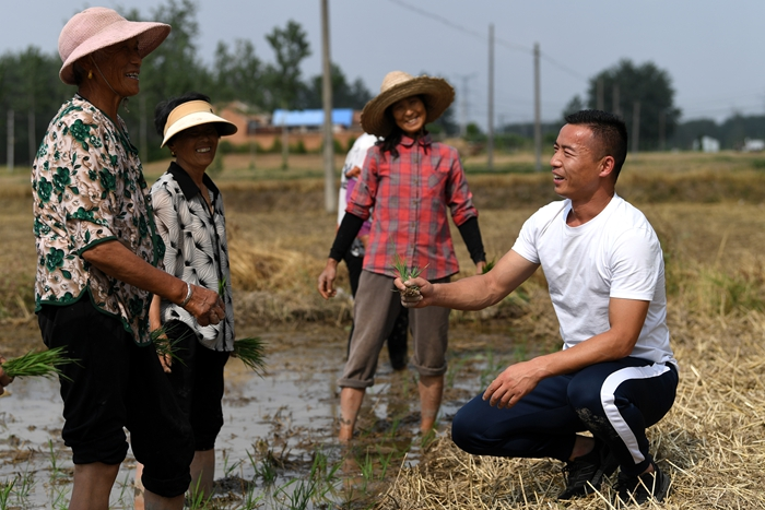 “三夏”時節戴虎在田間與村民們交流。受訪者供圖